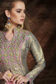 Grey Jacquard And Banarasi Silk Trouser Suit With Dupatta
