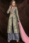 Grey Jacquard And Banarasi Silk Trouser Suit With Dupatta