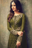 Net Trouser Suit With Dupatta In Olive Green