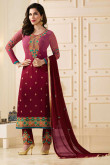 Latest Stylish Maroon Georgette Trouser Suit With Dupatta