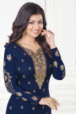 Stylish Navy Blue Georgette Trouser Suit With Dupatta