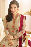 Bollywood Sophie Choudry Beige Georgette Trouser Suit With Dupatta