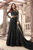 Black Net Anarkali Suit with Bead Embroidery & Boat Neck Design