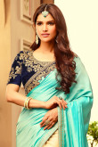 Sea green and beige Chiffon and silk Saree With Velvet Blouse