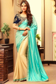 Sea green and beige Chiffon and silk Saree With Velvet Blouse