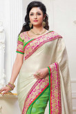 Beige and Green Cotton and Jacquard Saree