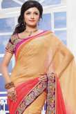 Beige and Pink Cotton and Dupion Silk Saree