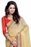 Beige Red Chiffon Georgette Saree with Silk Blouse