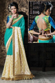 Blue And Cream Brasso Saree With Silk Blouse