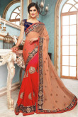 Peach Pink And Red Georgette And Net Saree With Velvet Blouse