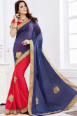 Blue And Pink Georgette Saree With Silk Blouse