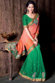 Green and orange Chiffon and georgette Saree With Art silk Blouse