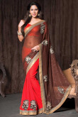 Coffee with red Chiffon and georgette Saree With Art silk Blouse