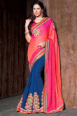 Blue Orange And Pink Chiffon Georgette Saree With Art Silk Blouse