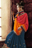 Orange Red Blue Georgette Art Silk Saree with Art Silk Blouse