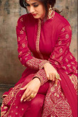 Banarasi Silk Anarkali Suit With Dupatta In Hot Pink Color