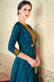 Satin Anarkali Suit With Dupatta In Blue And Tussock Color