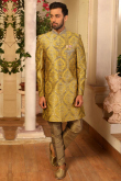 Designer Golden Brown Sherwani With Amber Yellow Jacket 
