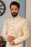 Designer Jacquard Silk Sherwani In Cream Colour 
