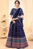 Printed Art Silk Navy Blue Lehenga