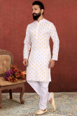 Printed Sangeet Men Kurta Pajama in Pastel Pink Dupion Silk