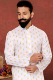 Printed Sangeet Men Kurta Pajama in Pastel Pink Dupion Silk