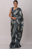 Charcoal Grey Printed Party Wear Saree in Satin