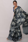 Charcoal Grey Printed Party Wear Saree in Satin