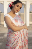 Off White Satin Floral Saree with Digital Print