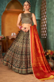 Digital Print Silk Army Green Lehenga
