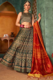 Digital Print Silk Army Green Lehenga