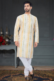 Digital Print Silk Off White Men Kurta Pajama