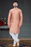 Digital Print Silk Salmon Peach Men Kurta Pajama