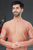 Digital Print Silk Salmon Peach Men Kurta Pajama
