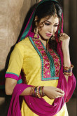 Yellow Cotton Silk Patiala Suit and Pink Dupatta