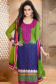 Green and Purple Georgette Churidar Suit
