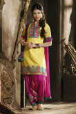 Yellow Cotton Silk Patiala Suit and Pink Dupatta