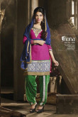 Pink with Green Cotton Silk Patiala Suit and Blue Dupatta