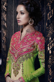 Parrot Green & Shaded Pink Net Anarkali Suit