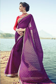 Purple Chiffon Satin Saree with Red Blouse