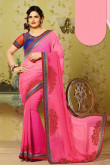 Pink Georgette Saree and Blue Silk Blouse