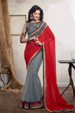 Maroon Grey Georgette Jacquard Saree with Grey Blouse