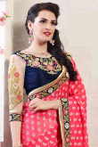 Pink White Georgette Jacquard Saree with Blue Blouse