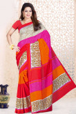 Cream Red Pink Georgette Saree and Pink Blouse