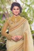 Cream Gold Net Saree with Black,Gold Blouse