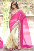 Cream Pink Chiffon Jacquard Saree with Art Silk Blouse