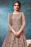 Dori Work Embroidered Net Anarkali Suit In Mauve Colour
