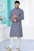 Dori Work Embroidered Cotton Silk Navy Blue Men Kurta Churidar