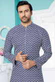 Dori Work Embroidered Cotton Silk Navy Blue Men Kurta Churidar