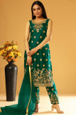Embroidered Net Green Trouser Suit